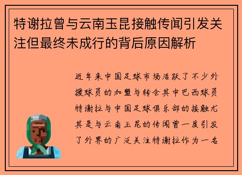 特谢拉曾与云南玉昆接触传闻引发关注但最终未成行的背后原因解析